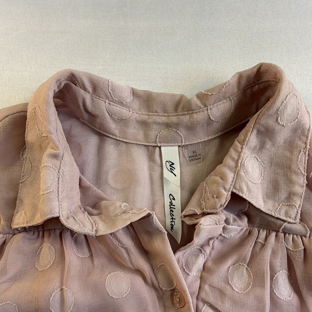 JW Collection Women's Pink Polka Dot Woven Polyester Collared Button Blouse XL